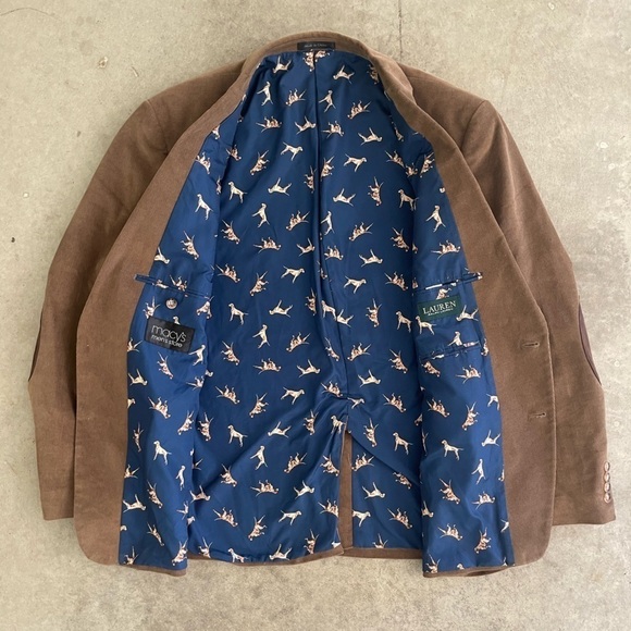 Lauren Ralph Lauren corduroy brown dog print elbow patch blazer sport coat 48R - Picture 3 of 8